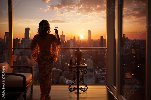 Beautiful woman with glass of champagne standing on a balcony at sunset, Rich woman rear view enjoy the sunset standing on the balcony at luxury apartments in New York City, AI Generated