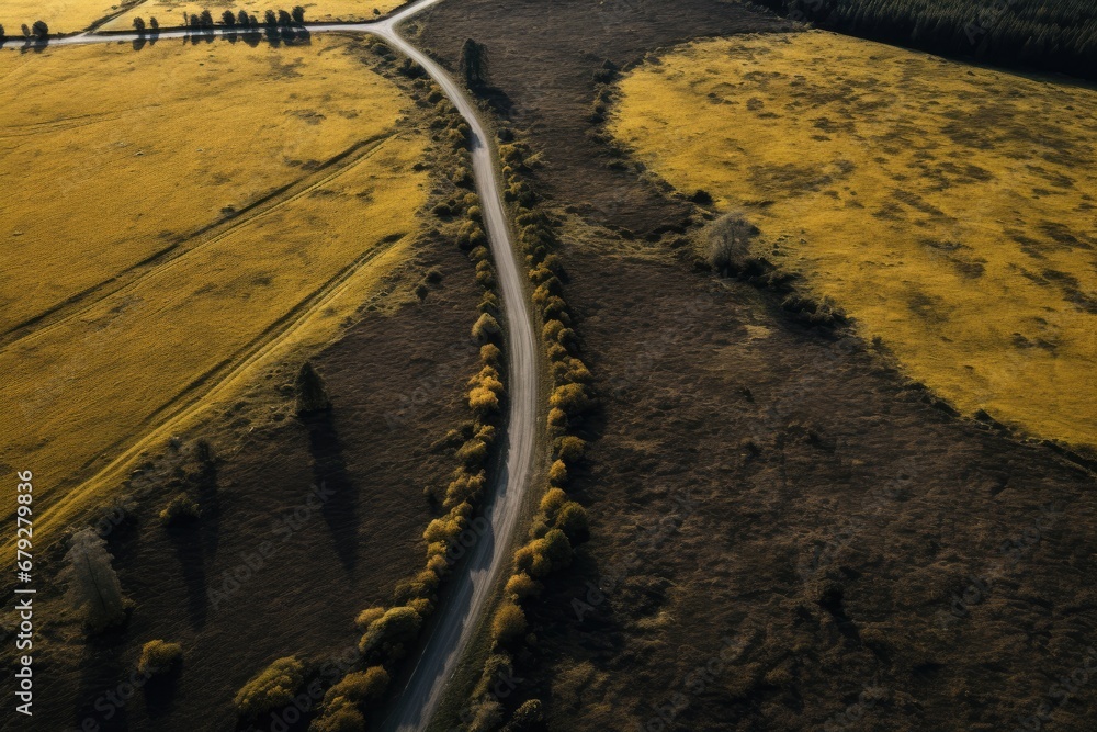 Aerial view of a road in the middle of a yellow field, Road in the countryside of Waikato aerial drone view, AI Generated