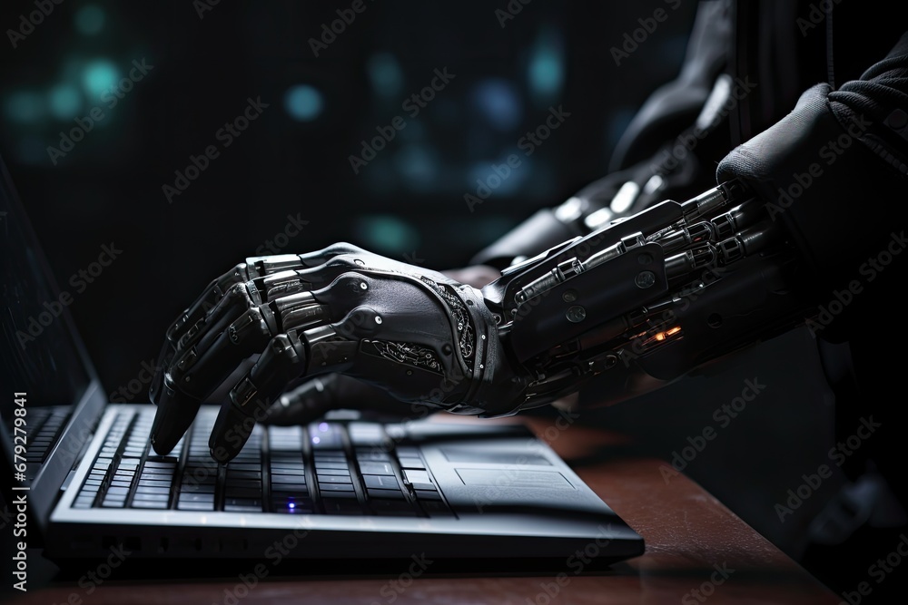 Robot hand typing on laptop keyboard at night. Artificial intelligence concept, Robot hand working on laptop computer in dark office 3D rendering, AI Generated - obrazy, fototapety, plakaty 