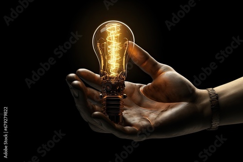 Idea light bulb in human hand on dark background. 3d rendering, Robot hand holding glowing light bulb on Black background. Mixed media, AI Generated