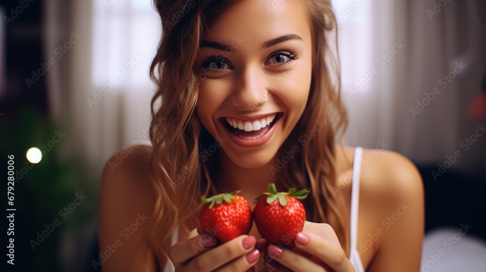A smiling young girl holds a ripe, juicy Strawberry in her hands Close-up. Advertising banner. A smiling young girl holds a ripe, juicy Strawberry in her hands Close-up. Advertising banner.