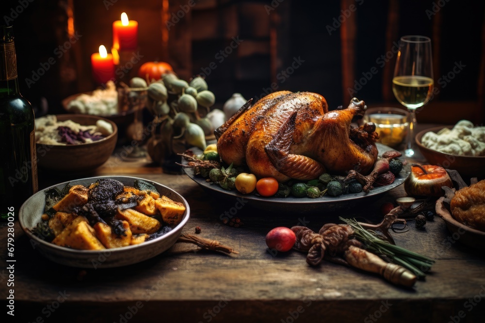 Thanksgiving dinner with roasted turkey on rustic wooden table, selective focus, Rustic Thankgiving Dinner, AI Generated