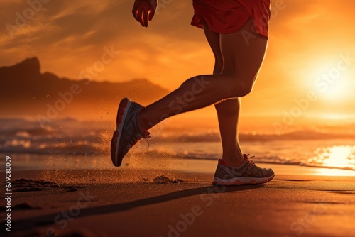 Runner athlete running on beach at sunrise. woman fitness jogging workout wellness concept, Running at the Beach, close up of leg, dreamy sunset effect, AI Generated