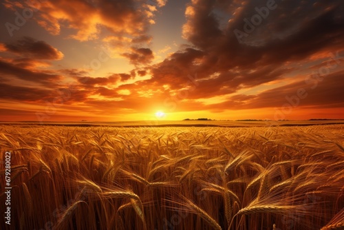 Beautiful sunset over the field with golden ears of wheat. Nature composition, Rural landscape with wheat field on sunset, AI Generated photo