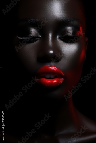 Silhouette of a full-length Dark-Skinned girl with red lips on a black background, Advertising image, Fashion banner