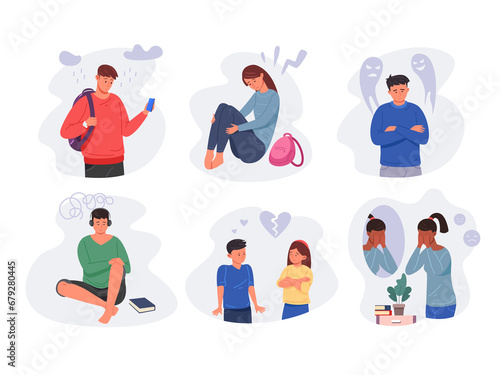 Depressed students. Sad emotions child school stress, lonely boy, crying upset teen, hate abuse woman girl, angry friend, feel alone introvert, unhappy characters garish png isolated