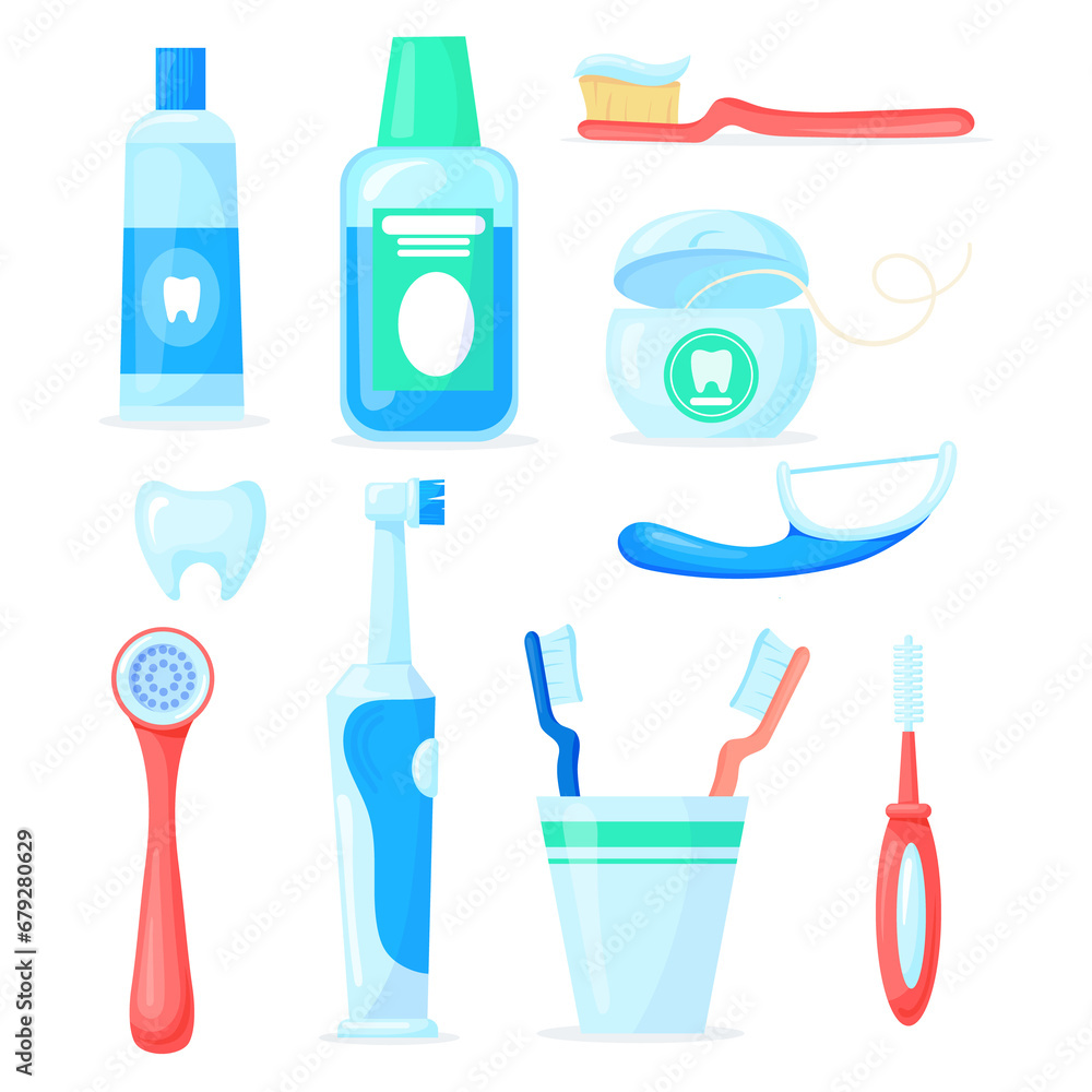 Dental cleaning tools. Cartoon toothbrush mouthwash toothpaste, oral hygiene accessory, electric tooth brush for care health mouth, scraper tongue Dental cleaning tools. Cartoon toothbrush mouthwash toothpaste, oral hygiene accessory, electric tooth brush for care health mouth, scraper tongue