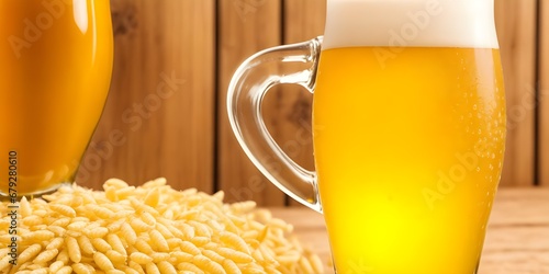 Wheat Beer: Weizenbier, Hefeweizen light-colored, top-fermenting beer with a higher proportion of wheat to barley filled in large frothy 'head' glass on the table photo