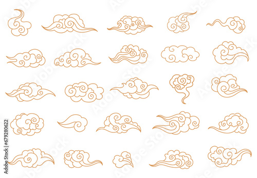 Cartoon chinese clouds. Asian style tattoo in shape cloud, oriental ornament elements korean japanese thai tibetan doodle cloudy sky traditional
