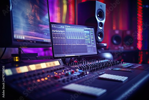Audio recording studio with professional audio equipment, close-up view, Shot of a Modern Music Record Studio Control Desk with Computer Screen show User Interface of DAW Software, AI Generated photo