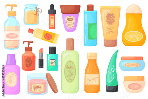Cartoon cosmetic jars. Hair skin care pruducts, skincare organic cosmetics bottle, eco cleanser, lotion facial gel, soap for face, oil scrub cream antiaging neat png illustration