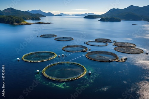 Fishing nets on the fjord in Norway. View from above, Salmon fish farm in ocean water near coast of Streymay Island, AI Generated photo