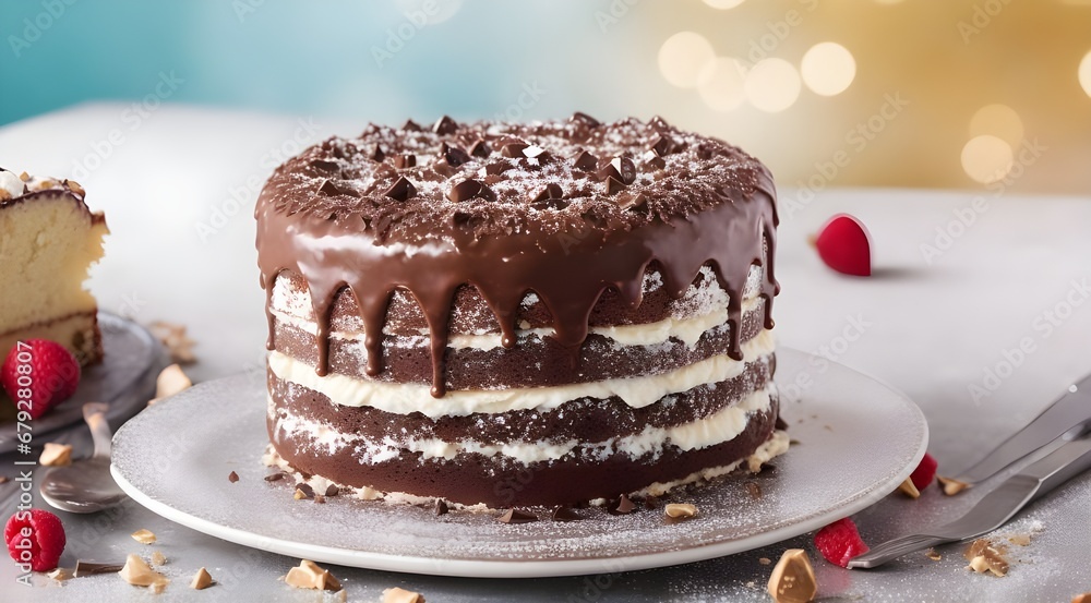 Vanilla cake: layered chocolate sponge includes sparkling gems, jam filling, and cream on the table, bokeh background copy space