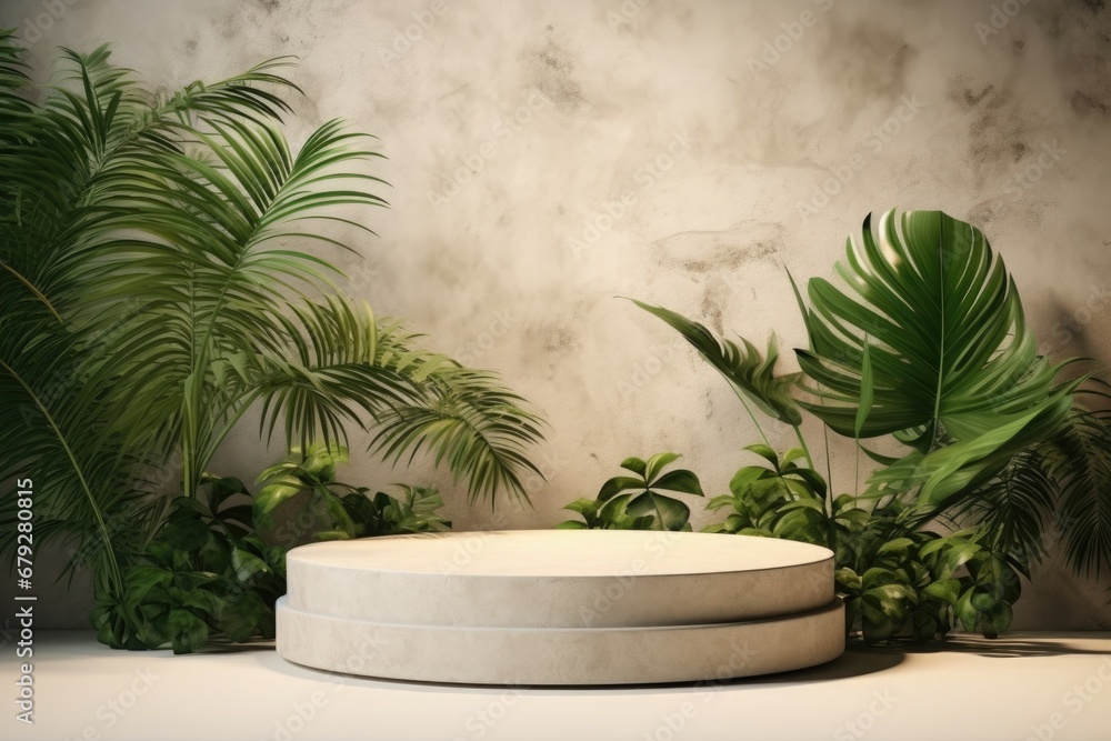 round podium made of marble for the presentation of beauty products. against a background of greenery plant leafs and a minimalistic beige gray background round podium made of marble for the presentation of beauty products. against a background of greenery plant leafs and a minimalistic beige gray background