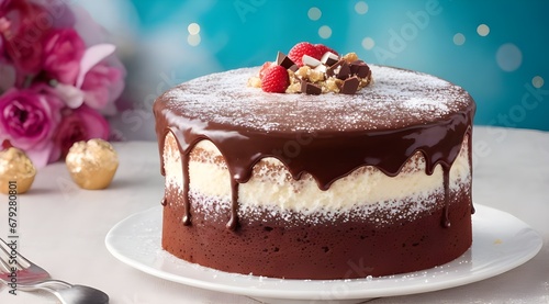 Vanilla cake: layered chocolate sponge includes sparkling gems, jam filling, and cream on the table, bokeh background copy space