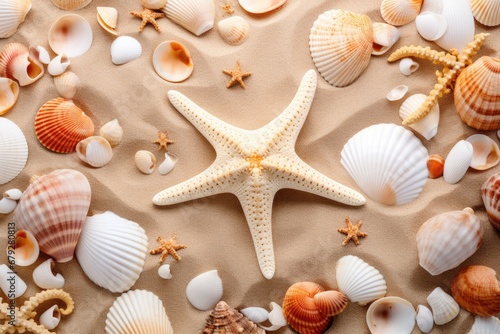 Seashells and starfish on sand background, top view, Sandy beach with collection of seashells and starfish as natural textured background, AI Generated