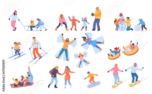 Winter family recreation. People christmas vacation  activity outdoor  ski sled sport sledge snowboard  snow angel  safety sledding tubing ice skating rink swanky png illustration