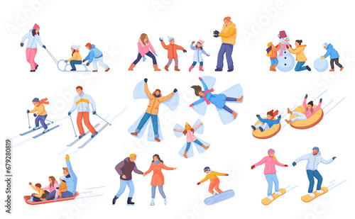 Winter family recreation. People christmas vacation, activity outdoor, ski sled sport sledge snowboard, snow angel, safety sledding tubing ice skating rink swanky png illustration
