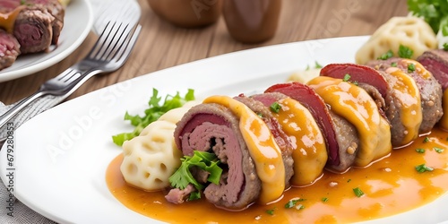 Rouladen is a German main dish, pickles and bacon wrapped in thin slices of beef, or veal, served with gravy, dumplings, mashed potatoes, and cabbage photo