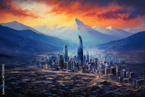 3D rendering of a futuristic city with skyscrapers and mountains, Santiago Chile cityscape, AI Generated