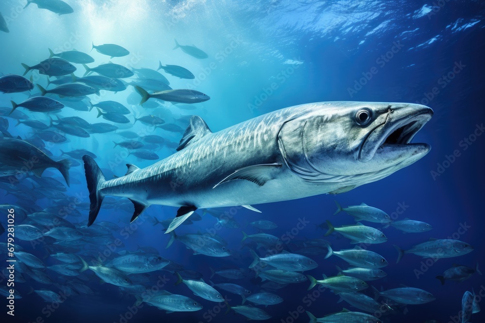 Barracuda swimming in the blue ocean with school of fish around, School of Barracuda in the Red Sea. Egypt. Africa, AI Generated Barracuda swimming in the blue ocean with school of fish around, School of Barracuda in the Red Sea. Egypt. Africa, AI Generated
