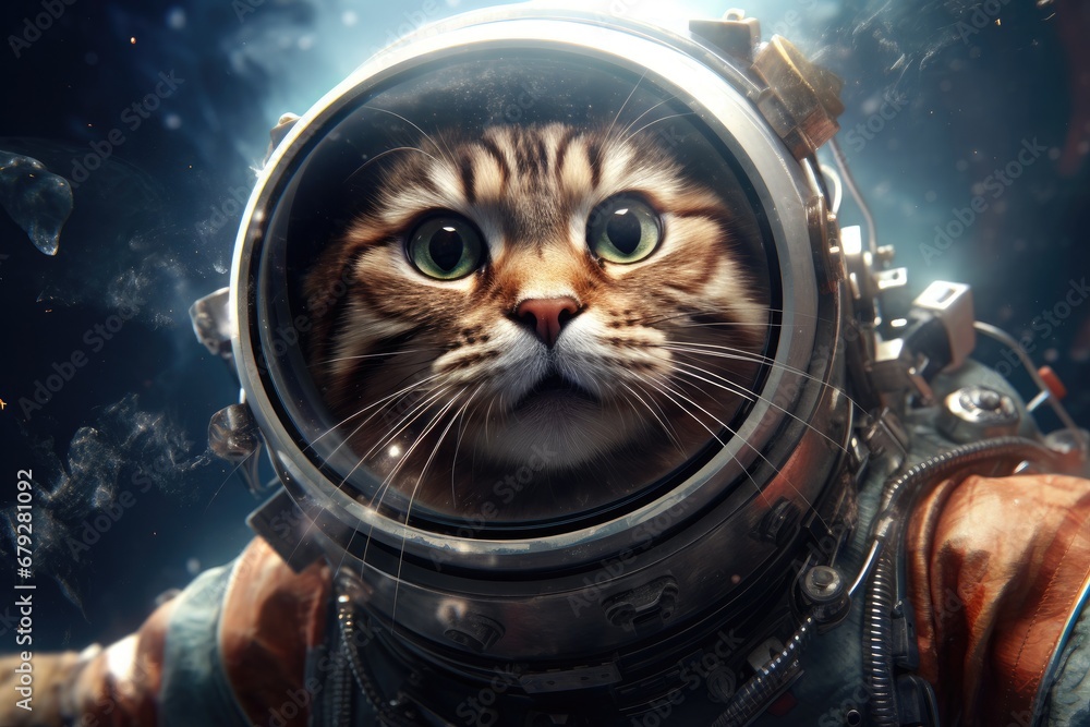 Cute cat in an astronaut suit on the background of space, Science fiction space wallpaper with cat astronaut, AI Generated