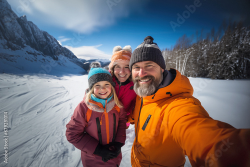 happy family on winter vacation in the mountains takes a selfie in the snow. Generative ai