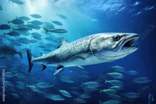 Barracuda swimming in the blue ocean with school of fish around, School of Barracuda in the Red Sea. Egypt. Africa, AI Generated © Iftikhar alam