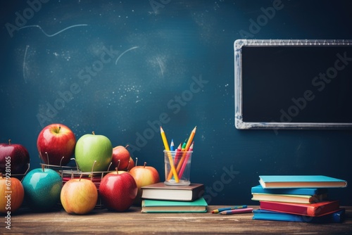 School supplies on wooden table and blackboard background. Back to school concept, school supplies with chalkboard, back to school concept, AI Generated