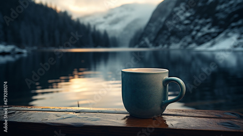 Cup of coffee on a wooden table in front of a mountain lake