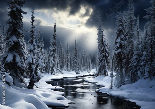 snowy trees stream forest snow ground clouds stunning deep highly city close night shades grey zoomed out scenery uplit ski tundra warmly lit