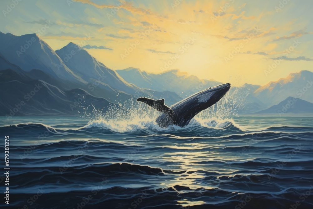 Fototapeta premium Humpback whale swimming in the sea at sunset. 3D Rendering, Seascape with Whale tail, AI Generated