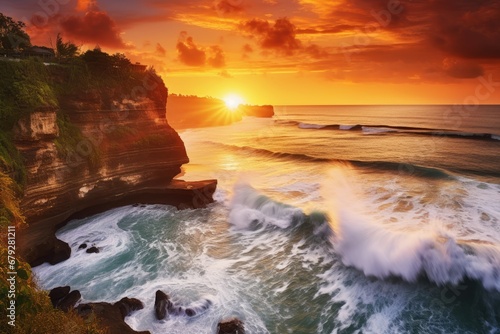 Sunset over the ocean with waves crashing on the cliffs. Bali, Indonesia, Seascape, ocean at sunset. Ocean coast with waves near Uluwatu temple at sunset, Bali, Indonesia, AI Generated