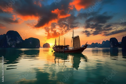 Beautiful sunset at Halong bay, Vietnam. Traditional fishing boat, seascape sunset at Halong Bay, AI Generated © Iftikhar alam
