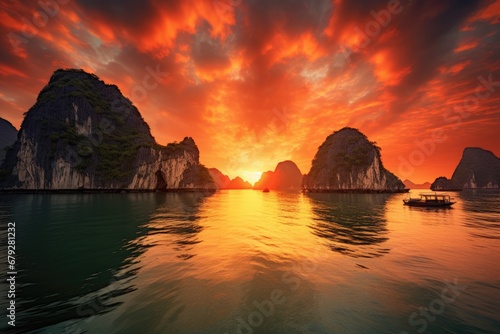 Beautiful sunset over Halong bay  Vietnam. Panoramic view  seascape sunset at Halong Bay  AI Generated