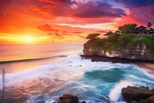 Tanah Lot temple at sunset, Bali island, Indonesia, Seascape, ocean at sunset. Ocean coast with waves near Uluwatu temple at sunset, Bali, Indonesia, AI Generated