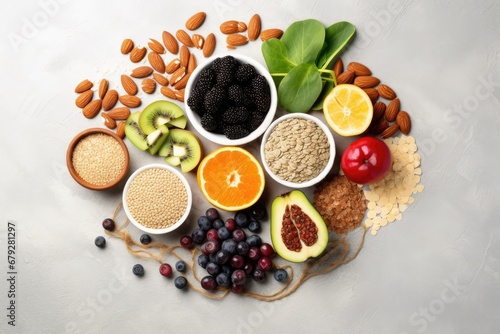 Composition with different superfoods on light background, top view, Selection of healthy rich fiber sources vegan food for cooking, top view on a white stone, AI Generated