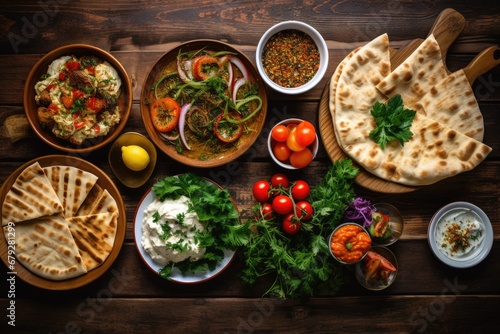 Traditional indian food with naan bread and vegetables on wooden background, Selection of traditional greek food, salad, meze, pie, fish, tzatziki, dolma on wood background, top view, AI Generated