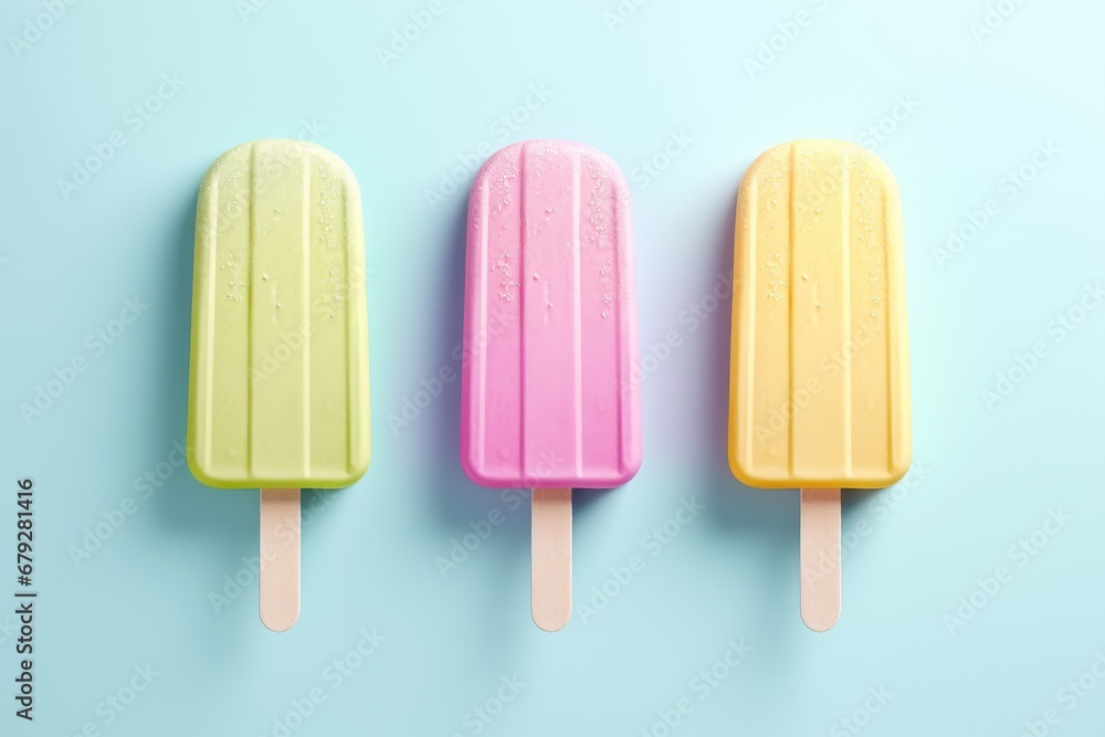 Colorful popsicles on light blue background, top view. Space for text, Set of bright ice cream popsicle, AI Generated Colorful popsicles on light blue background, top view. Space for text, Set of bright ice cream popsicle, AI Generated