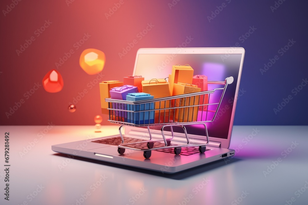 Shopping cart with gift boxes on laptop. 3d illustration, Shopping cart and shopping bags on laptop. Online shopping concept, AI Generated