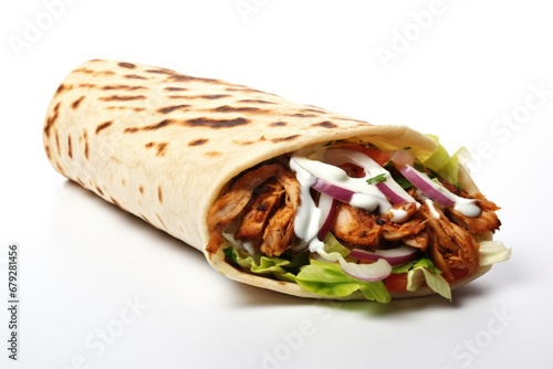 Doner kebab with meat and vegetables on white background, Shawarma or Doner with chicken roll on isolated white background, AI Generated