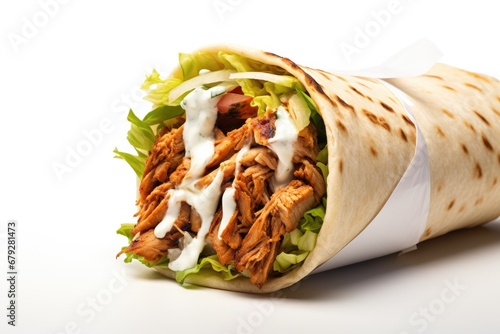 Doner kebab isolated on white background. Traditional mexican fast food, Shawarma or Doner with chicken roll on isolated white background, AI Generated