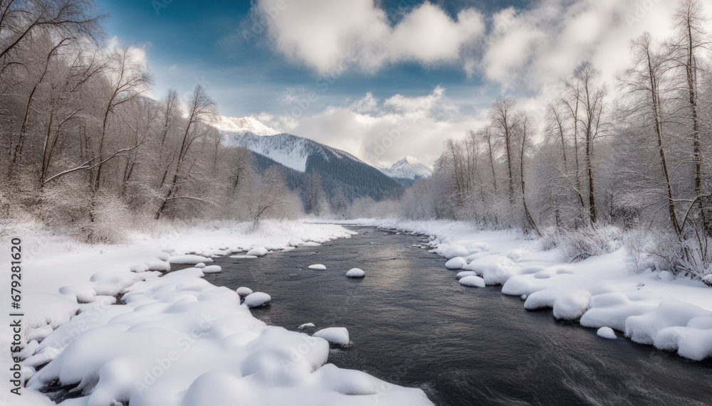 Winter Majesty: Mountain River and Snowy Landscape Winter Majesty: Mountain River and Snowy Landscape