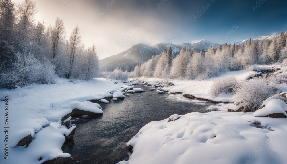 Winter Majesty: Mountain River and Snowy Landscape Winter Majesty: Mountain River and Snowy Landscape