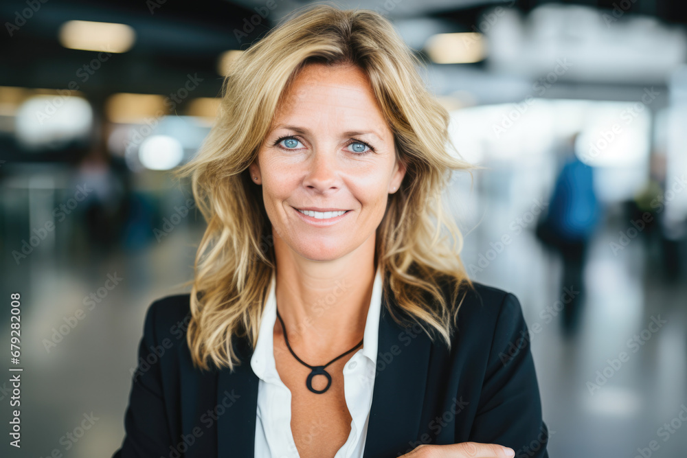 Business woman smiling in an airport. Business woman smiling in an airport.