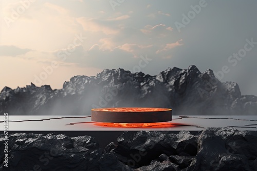a round stone podium on top of a cliff with neon lighting or hot lava inside. minimalist design with white steam or smoke to display fashion products