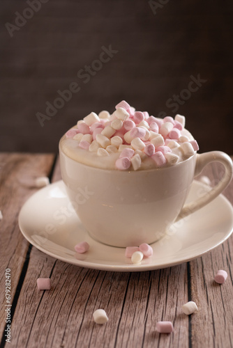 photo sweet dessert, white and pink colored marshmallow, cup of coffee with foam