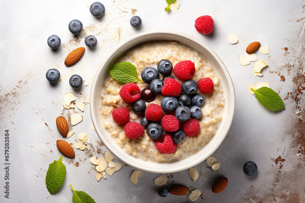 Oatmeal with Berries and Nuts, Healthy oatmeal served with berries, almonds and honey. An image of oatmeal for the menu. Oatmeal with Berries and Nuts, Healthy oatmeal served with berries, almonds and honey. An image of oatmeal for the menu.