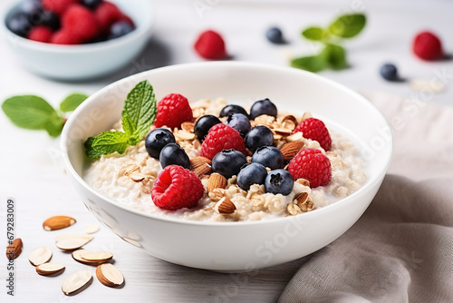Oatmeal with Berries and Nuts, Healthy oatmeal served with berries, almonds and honey. An image of oatmeal for the menu.