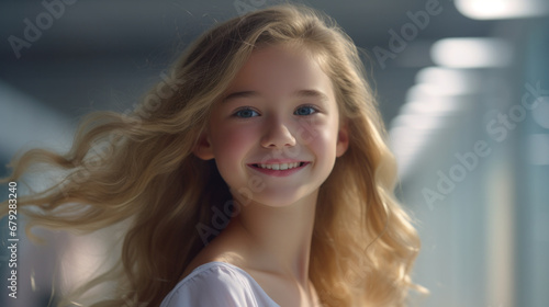 Radiant young girl with flowing hair and a bright smile, glowing in soft light against a modern backdrop